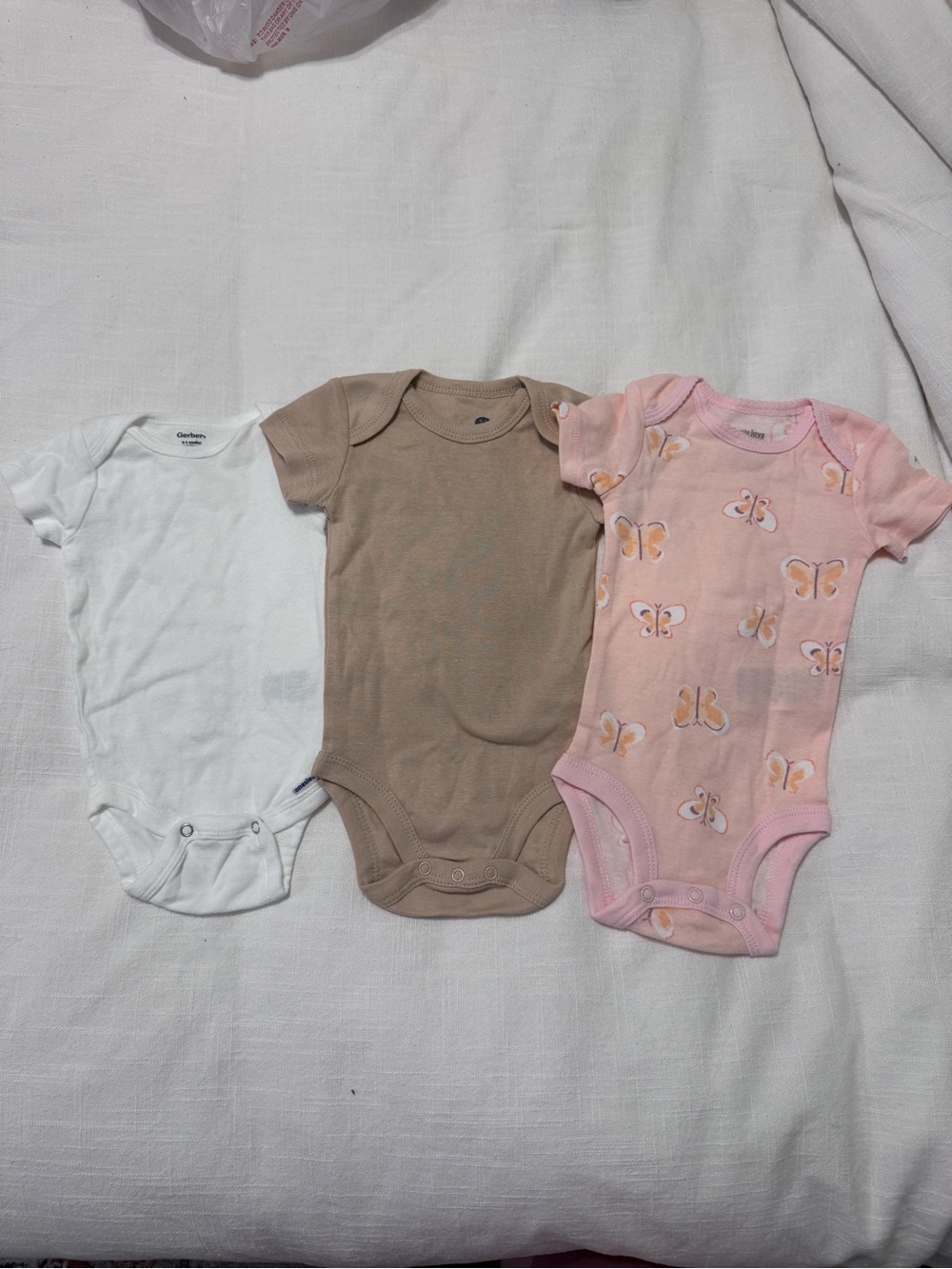 3-Pack Baby One-Pieces - White, Tan, Pink Butterfly